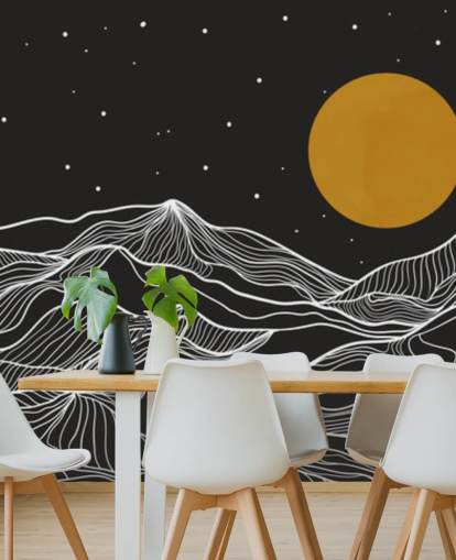 sort og hvid bjerg linje kunst med gul måne tapet sort og hvid bjerg linje kunst med gul måne tapet