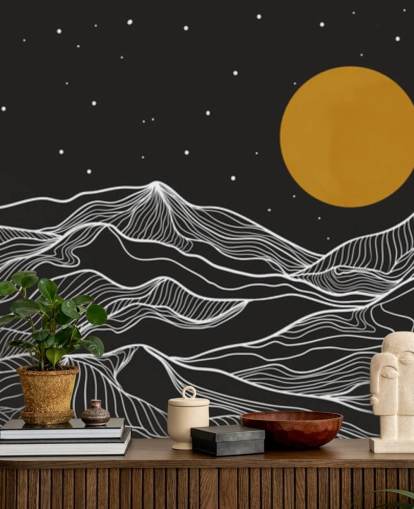 arte de línea de montaña en blanco y negro con papel tapiz de luna amarilla arte de línea de montaña en blanco y negro con papel tapiz de luna amarilla