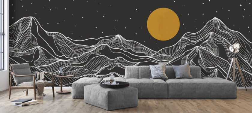 zwart-witte berglijnkunst met gele maanbehang