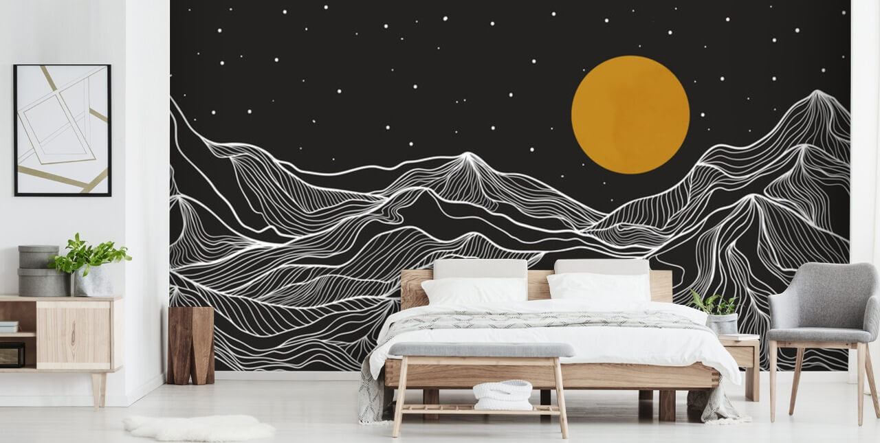 svart og hvitt fjell linje kunst med gul måne tapet