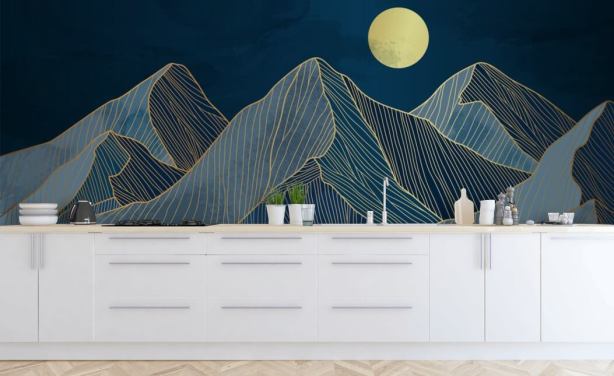 fjellet linje kunst blå tapet