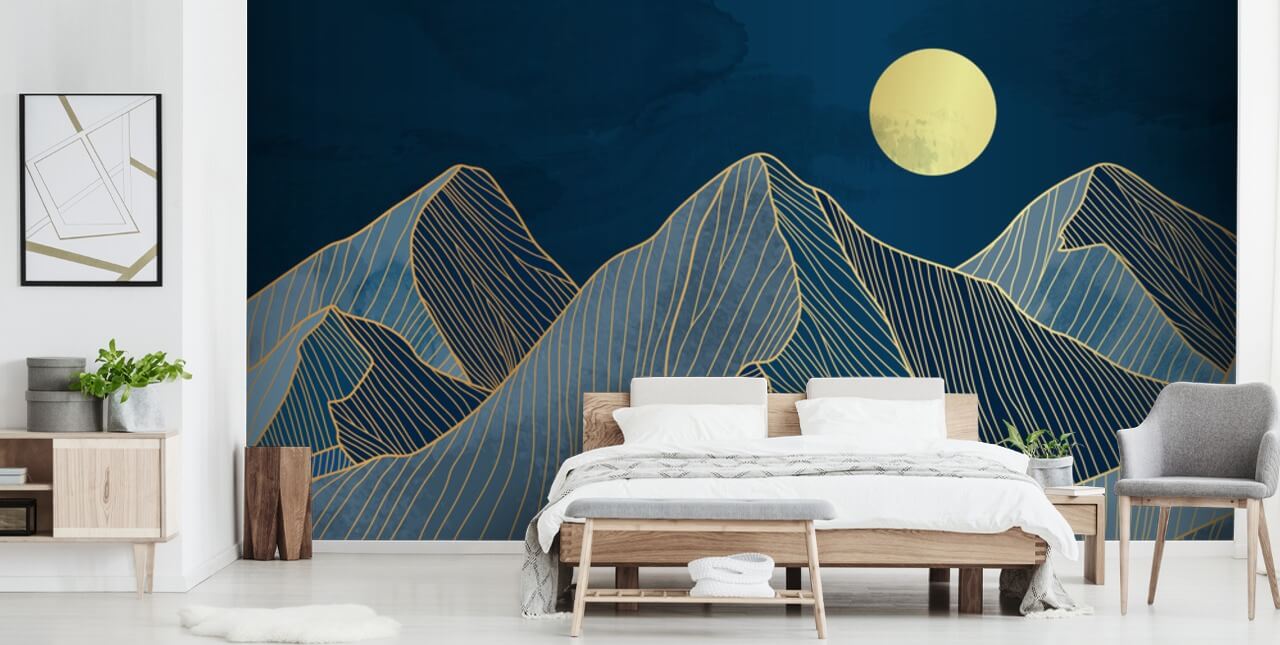 mountain line art blue wallpaper
