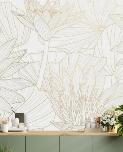 papel de parede de flores de linha dourada e branca papel de parede de flores de linha dourada e branca