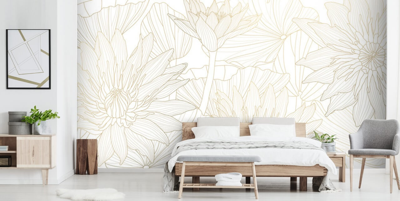 gold and white coloured line flowers wallpaper