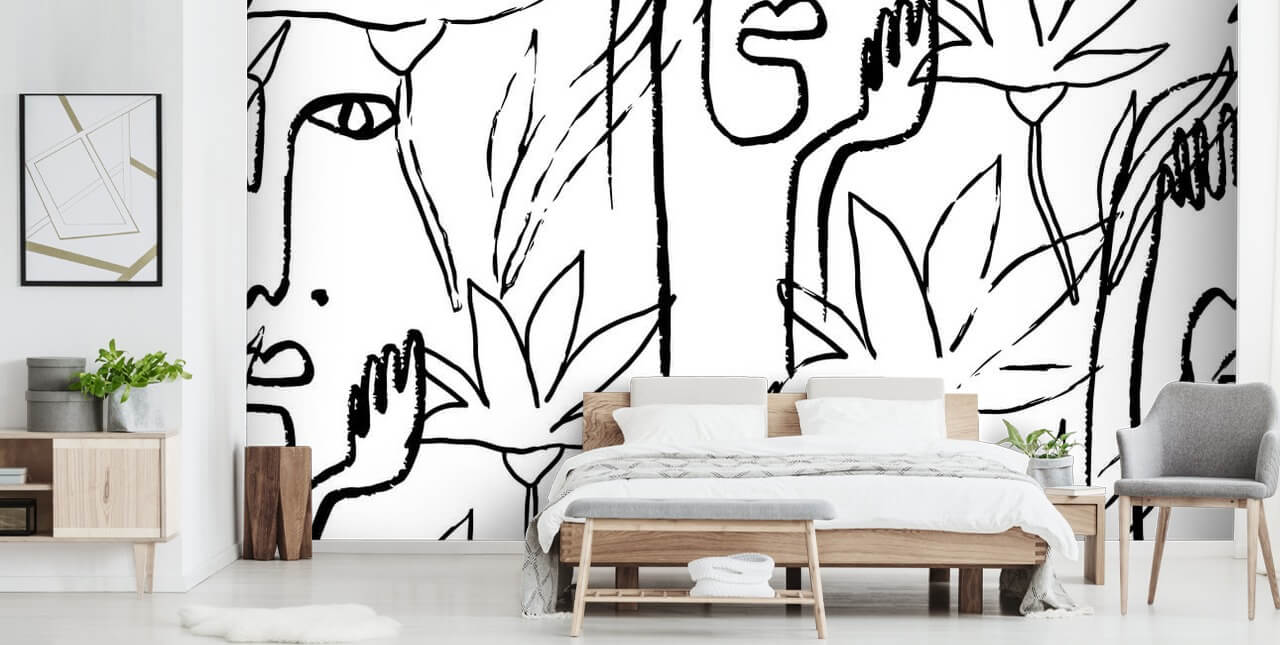 linje kunst ansikter og blomster tapet