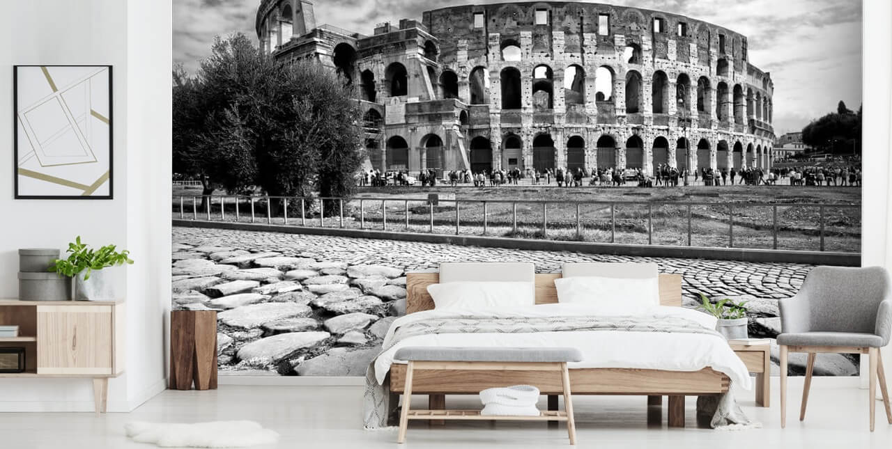 Foto em preto e branco do Coliseu em Roma