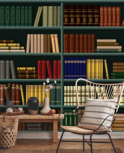 livros amarelos, vermelhos e verdes no papel de parede de prateleira verde livros amarelos, vermelhos e verdes no papel de parede de prateleira verde