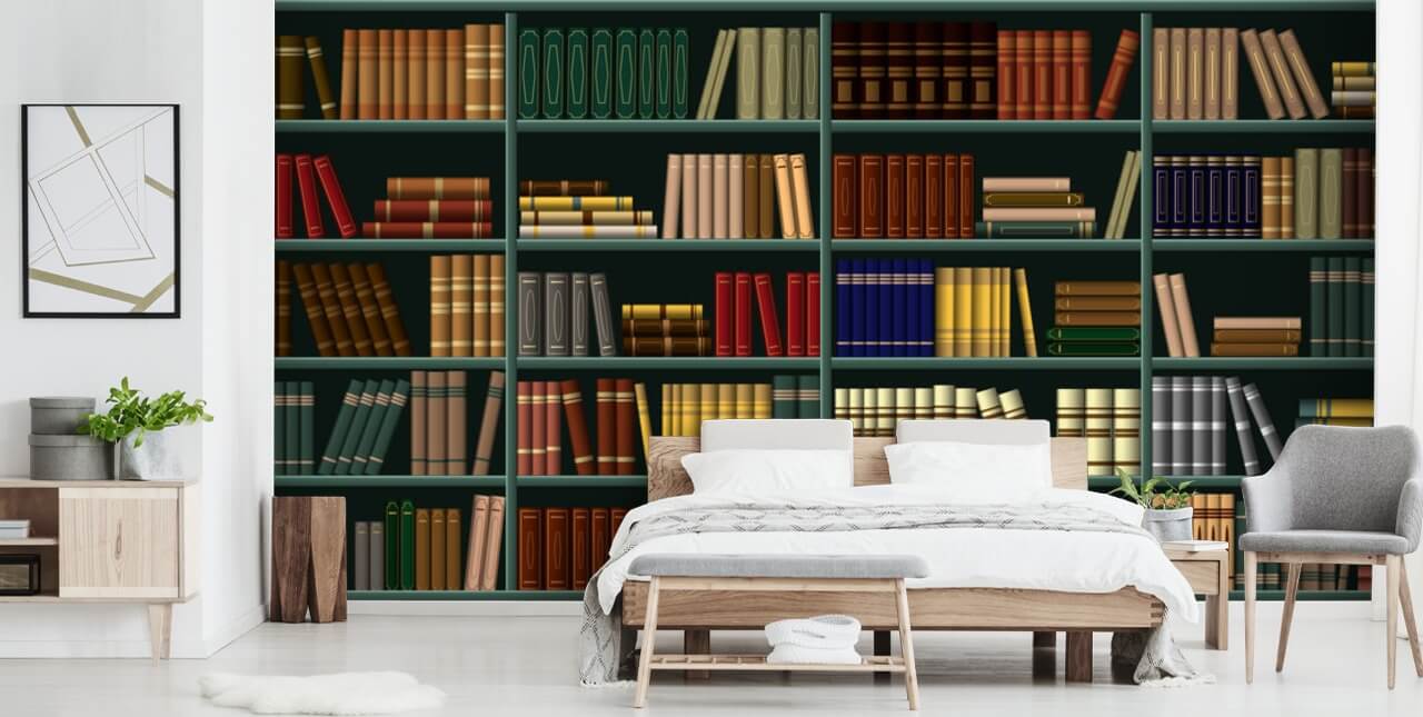 yellow, red and green books on green shelf wallpaper