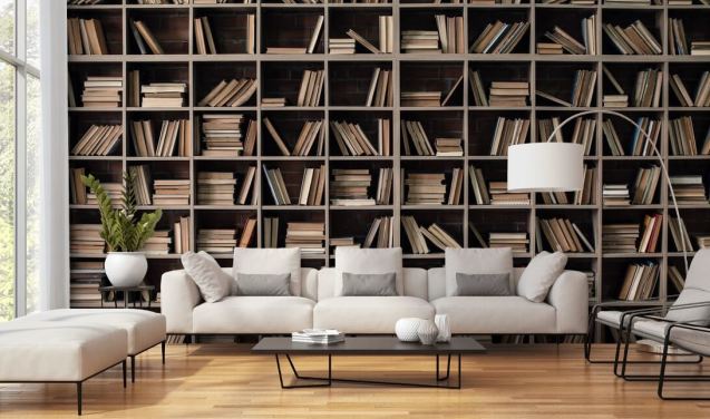 dark beige and brown bookshelves wallpaper