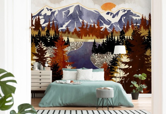 blue mountains and brown trees wallpaper