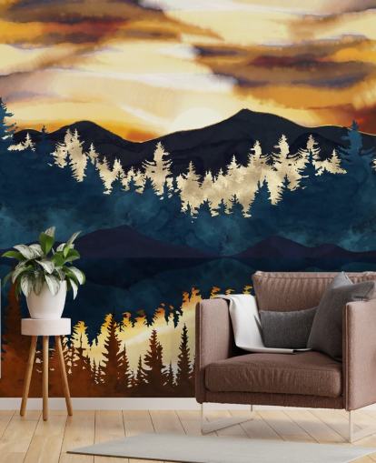 brown, navy and gold mountain and tree wallpaper brown, navy and gold mountain and tree wallpaper