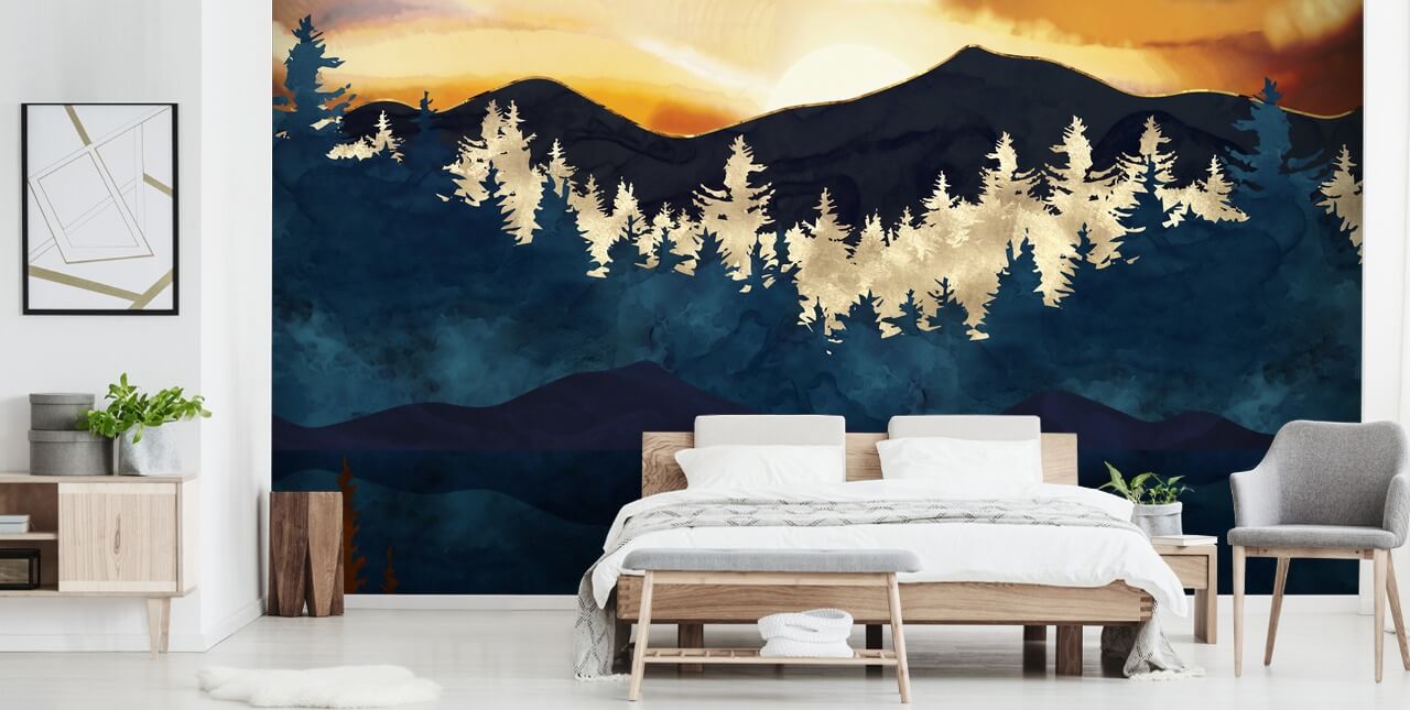 brown, navy and gold mountain and tree wallpaper