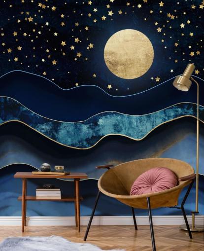 mørk blå og gull månen og nattehimmelen tapet mørk blå og gull månen og nattehimmelen tapet