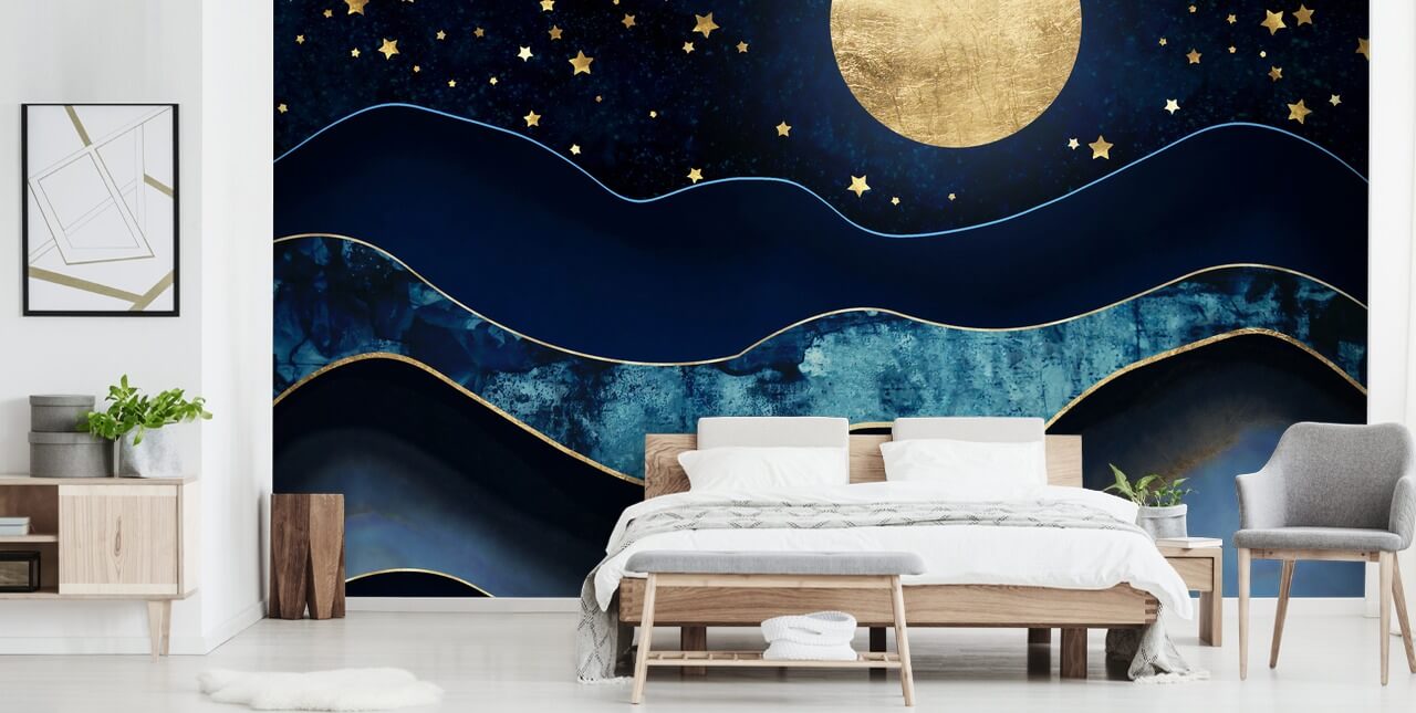 dunkelblau und gold Mond und Nachthimmel Tapete