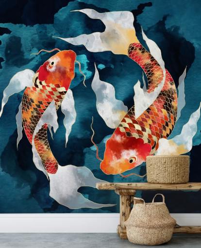 orange koi fish in dark blue waters wallpaper orange koi fish in dark blue waters wallpaper