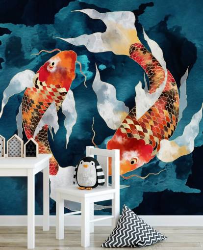 oransje koi fisk i mørk blå farvann tapet oransje koi fisk i mørk blå farvann tapet