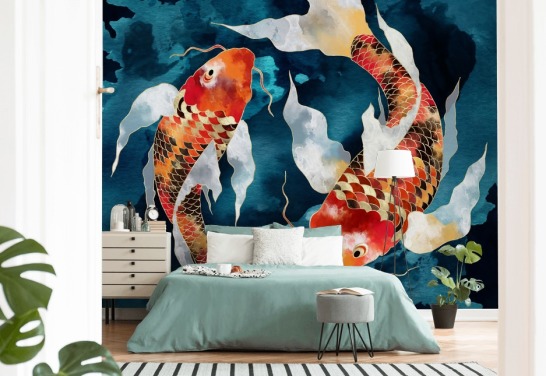 orange koi fisk i mørkeblå vand tapet