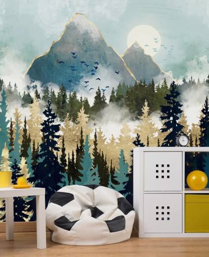 grønt og guld abstrakt skovtapet vægmaleri kaldet Misty Pines af SpaceFrog Design til soveværelser og lounger grønt og guld abstrakt skovtapet vægmaleri kaldet Misty Pines af SpaceFrog Design til soveværelser og lounger