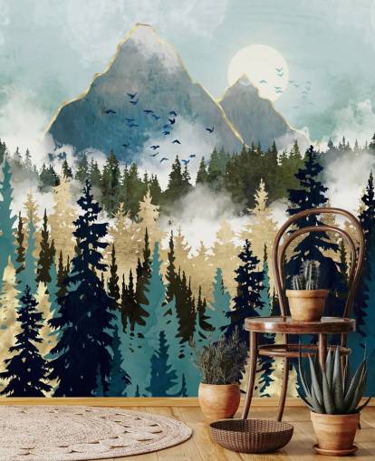 Grünes und goldenes abstraktes Waldtapeten-Wandbild namens Misty Pines von SpaceFrog Designs für Schlafzimmer und Lounges Grünes und goldenes abstraktes Waldtapeten-Wandbild namens Misty Pines von SpaceFrog Designs für Schlafzimmer und Lounges