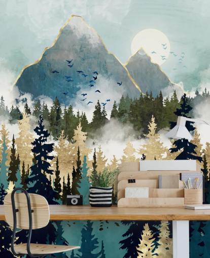 mural abstracto de bosque verde y dorado llamado Misty Pines de SpaceFrog Designs para dormitorios y salones mural abstracto de bosque verde y dorado llamado Misty Pines de SpaceFrog Designs para dormitorios y salones