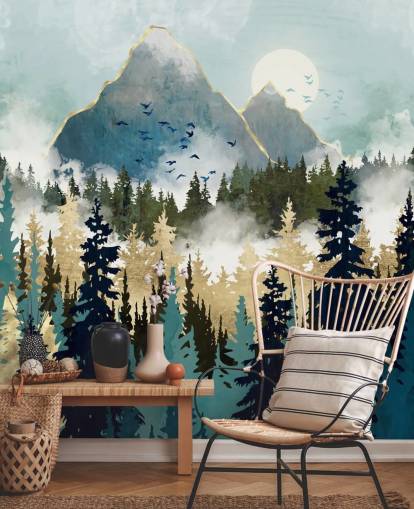 green and gold abstract forest wallpaper mural called Misty Pines by SpaceFrog Designs for bedrooms and lounges green and gold abstract forest wallpaper mural called Misty Pines by SpaceFrog Designs for bedrooms and lounges