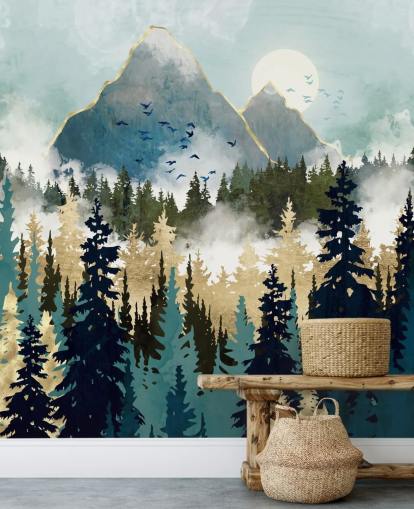 grön och guld abstrakt skogstapetväggmålning kallad Misty Pines av SpaceFrog Designs för sovrum och lounger grön och guld abstrakt skogstapetväggmålning kallad Misty Pines av SpaceFrog Designs för sovrum och lounger