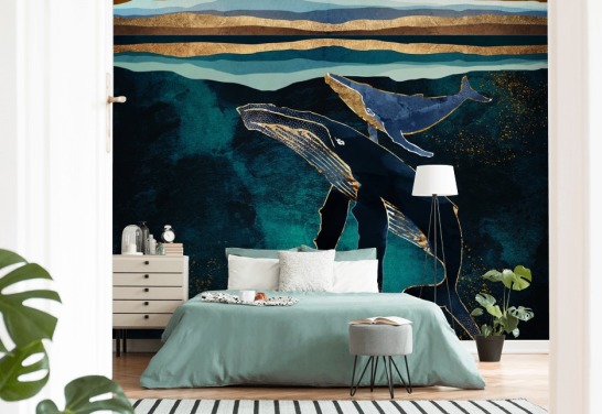 papier peint baleine et veau bleu foncé