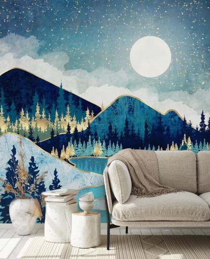 navy, turquoise and gold mountains and trees wallpaper navy, turquoise and gold mountains and trees wallpaper