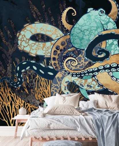 Tintenfisch-Wandbild in Türkis, Gold und Marineblau namens Octopus II von SpaceFrog Designs für Badezimmer und Schlafzimmer Tintenfisch-Wandbild in Türkis, Gold und Marineblau namens Octopus II von SpaceFrog Designs für Badezimmer und Schlafzimmer