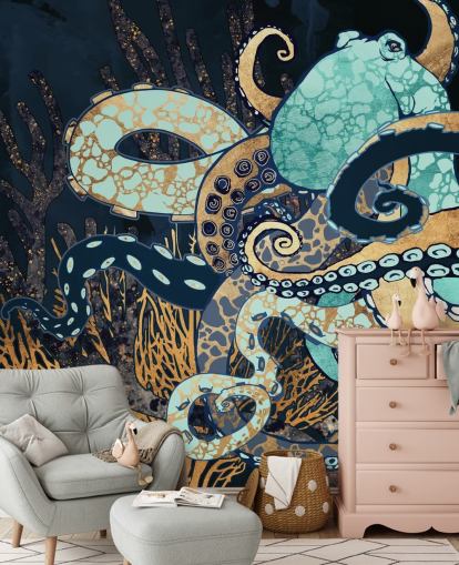 turkoosi, kulta ja laivastonsininen mustekala seinämaalaus nimeltä Octopus II by SpaceFrog Designs kylpyhuoneisiin ja makuuhuoneisiin turkoosi, kulta ja laivastonsininen mustekala seinämaalaus nimeltä Octopus II by SpaceFrog Designs kylpyhuoneisiin ja makuuhuoneisiin