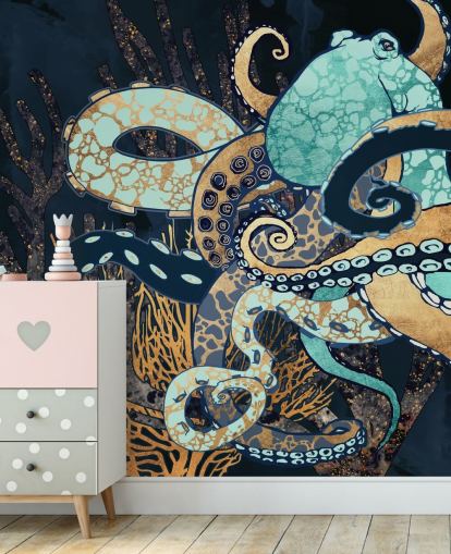 turquoise, gold and navy octopus wall mural called Octopus II by SpaceFrog Designs for bathrooms and bedrooms turquoise, gold and navy octopus wall mural called Octopus II by SpaceFrog Designs for bathrooms and bedrooms