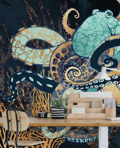 turkis, guld og marineblå blæksprutte vægmaleri kaldet Octopus II af SpaceFrog Design til badeværelser og soveværelser turkis, guld og marineblå blæksprutte vægmaleri kaldet Octopus II af SpaceFrog Design til badeværelser og soveværelser
