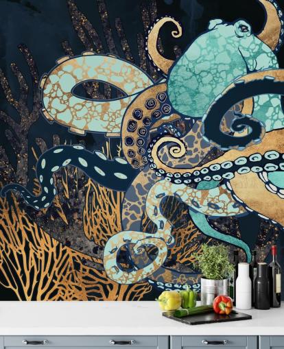 mural de parede de polvo turquesa, dourado e azul marinho chamado Octopus II da SpaceFrog Designs para banheiros e quartos mural de parede de polvo turquesa, dourado e azul marinho chamado Octopus II da SpaceFrog Designs para banheiros e quartos