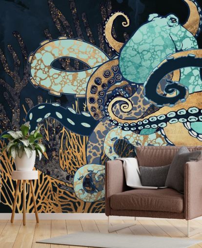 turquoise, gold and navy octopus wall mural called Octopus II by SpaceFrog Designs for bathrooms and bedrooms turquoise, gold and navy octopus wall mural called Octopus II by SpaceFrog Designs for bathrooms and bedrooms