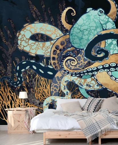 turquoise, gold and navy octopus wall mural called Octopus II by SpaceFrog Designs for bathrooms and bedrooms turquoise, gold and navy octopus wall mural called Octopus II by SpaceFrog Designs for bathrooms and bedrooms
