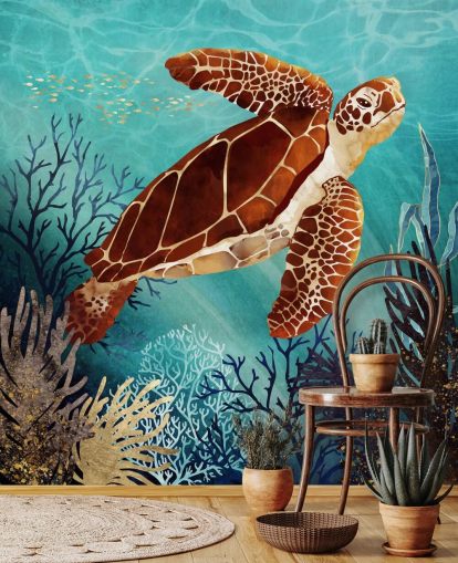 papel pintado tortuga naranja rodeada de coral azul papel pintado tortuga naranja rodeada de coral azul