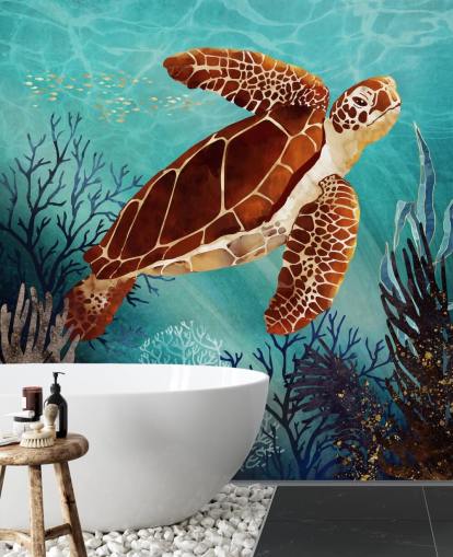 orange sköldpadda omgiven av blå korall tapeter orange sköldpadda omgiven av blå korall tapeter