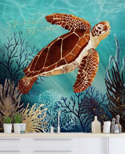 tartaruga laranja cercada por papel de parede coral azul tartaruga laranja cercada por papel de parede coral azul