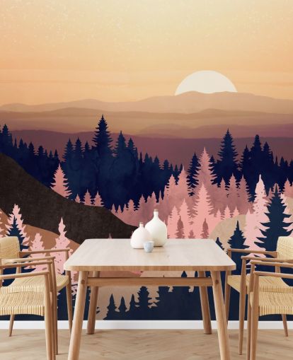 navy, lilla, pink træ landskab tapet navy, lilla, pink træ landskab tapet