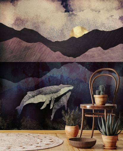 papel de parede de baleia e bezerro roxo escuro, preto e azul papel de parede de baleia e bezerro roxo escuro, preto e azul