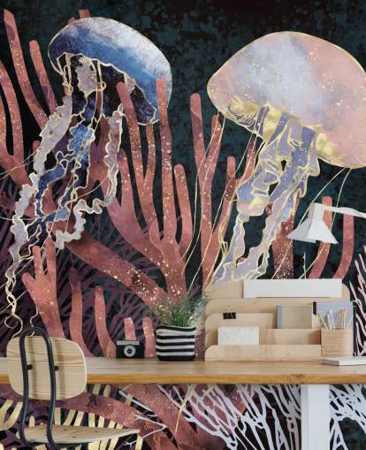 papel de parede de água-viva rosa, roxo, ouro papel de parede de água-viva rosa, roxo, ouro