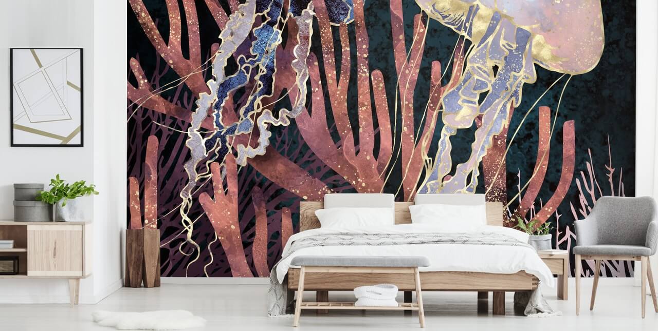 roze, paars, gouden kwallen behang