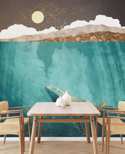 whale under the waters with green, blue and gold watercolour wallpaper whale under the waters with green, blue and gold watercolour wallpaper