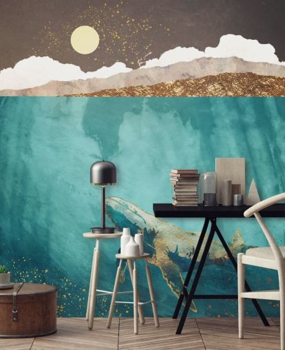 whale under the waters with green, blue and gold watercolour wallpaper whale under the waters with green, blue and gold watercolour wallpaper