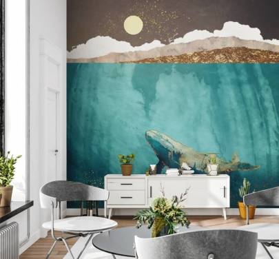 ballena bajo las aguas con papel pintado acuarela verde, azul y dorado