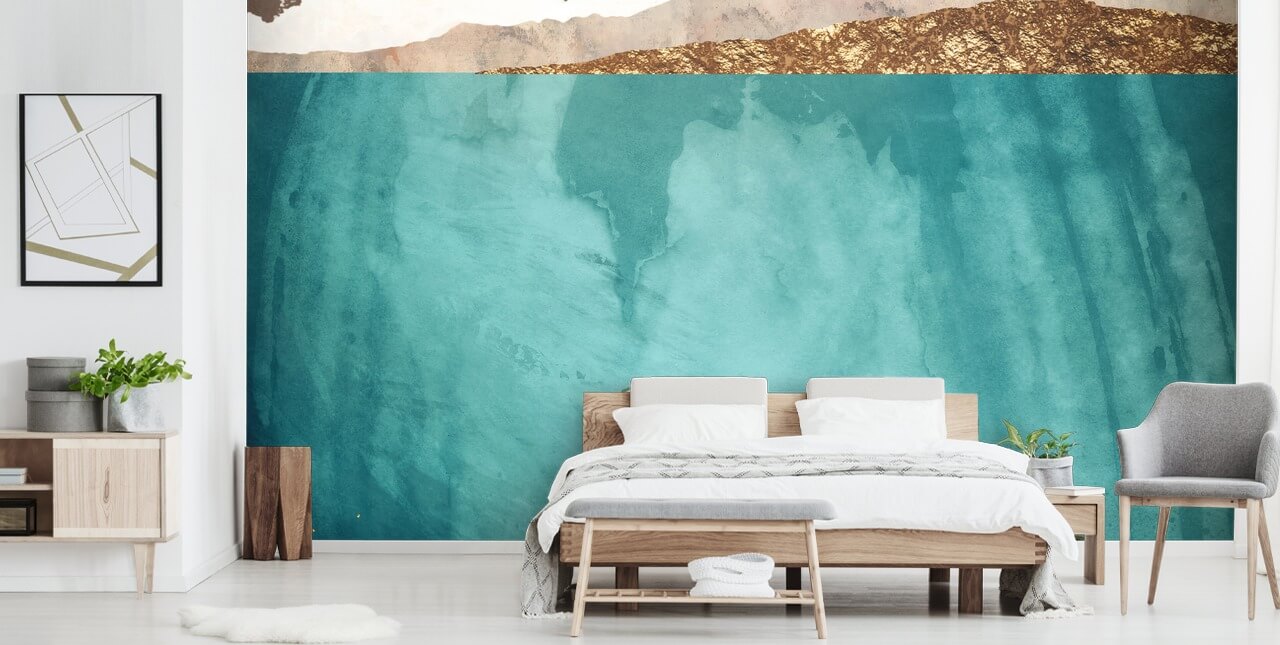 baleia sob as águas com papel de parede aquarela verde, azul e dourado