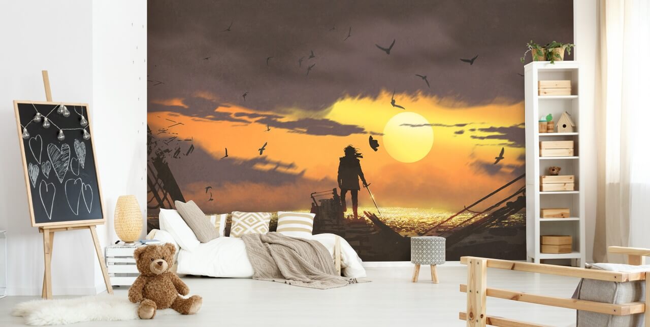 pirate on pirate ship at sunset wallpaper