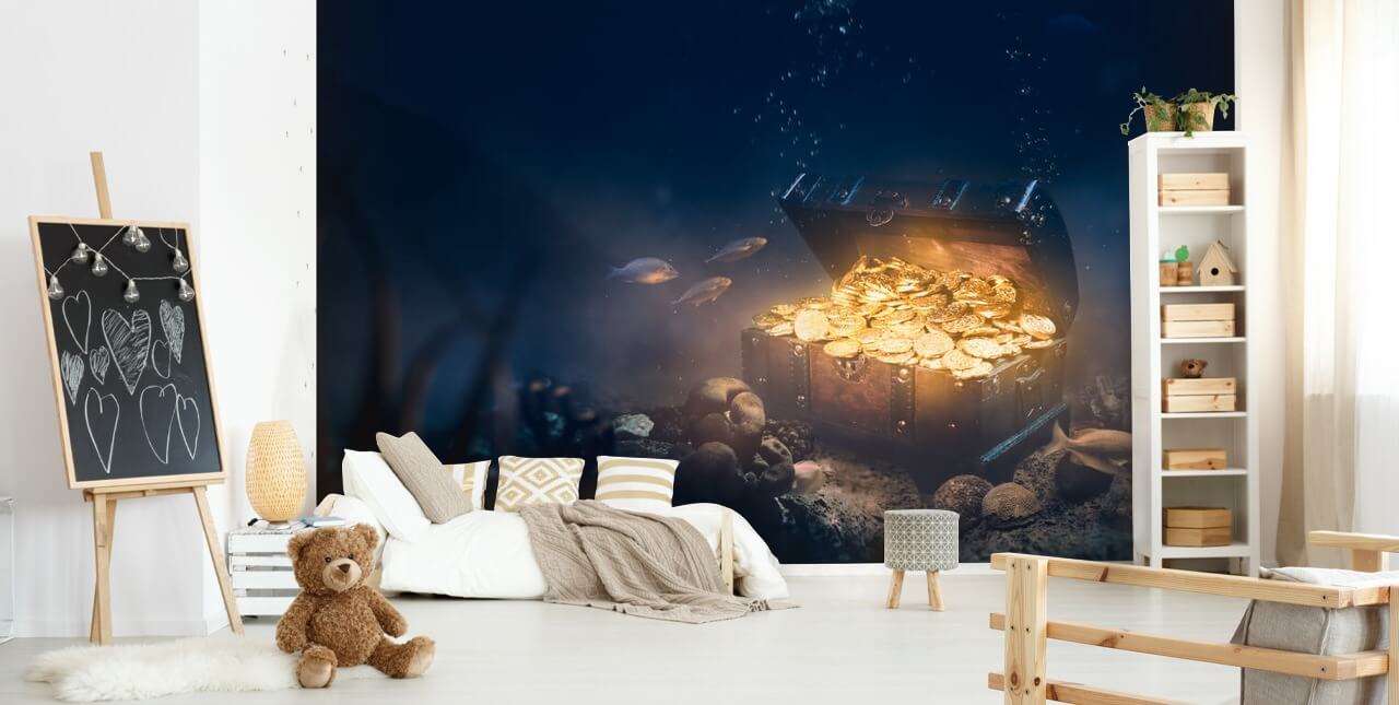 treasure chest full of coins under sea wallpaper