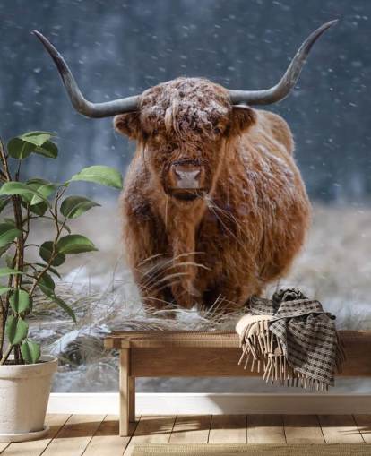 snødekt tilpasset ku tapetmaleri kalt Snowy Highland Cow for soverom og bad snødekt tilpasset ku tapetmaleri kalt Snowy Highland Cow for soverom og bad