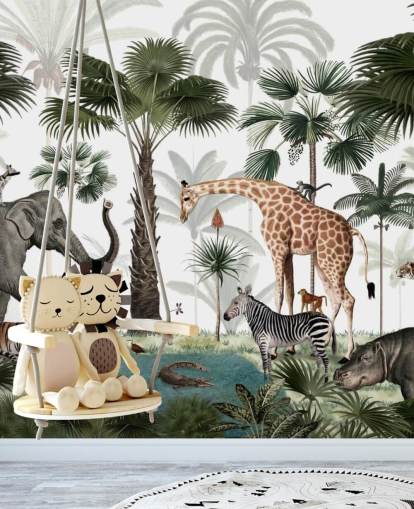 elephant, giraffe and other animals in jungle wallpaper elephant, giraffe and other animals in jungle wallpaper